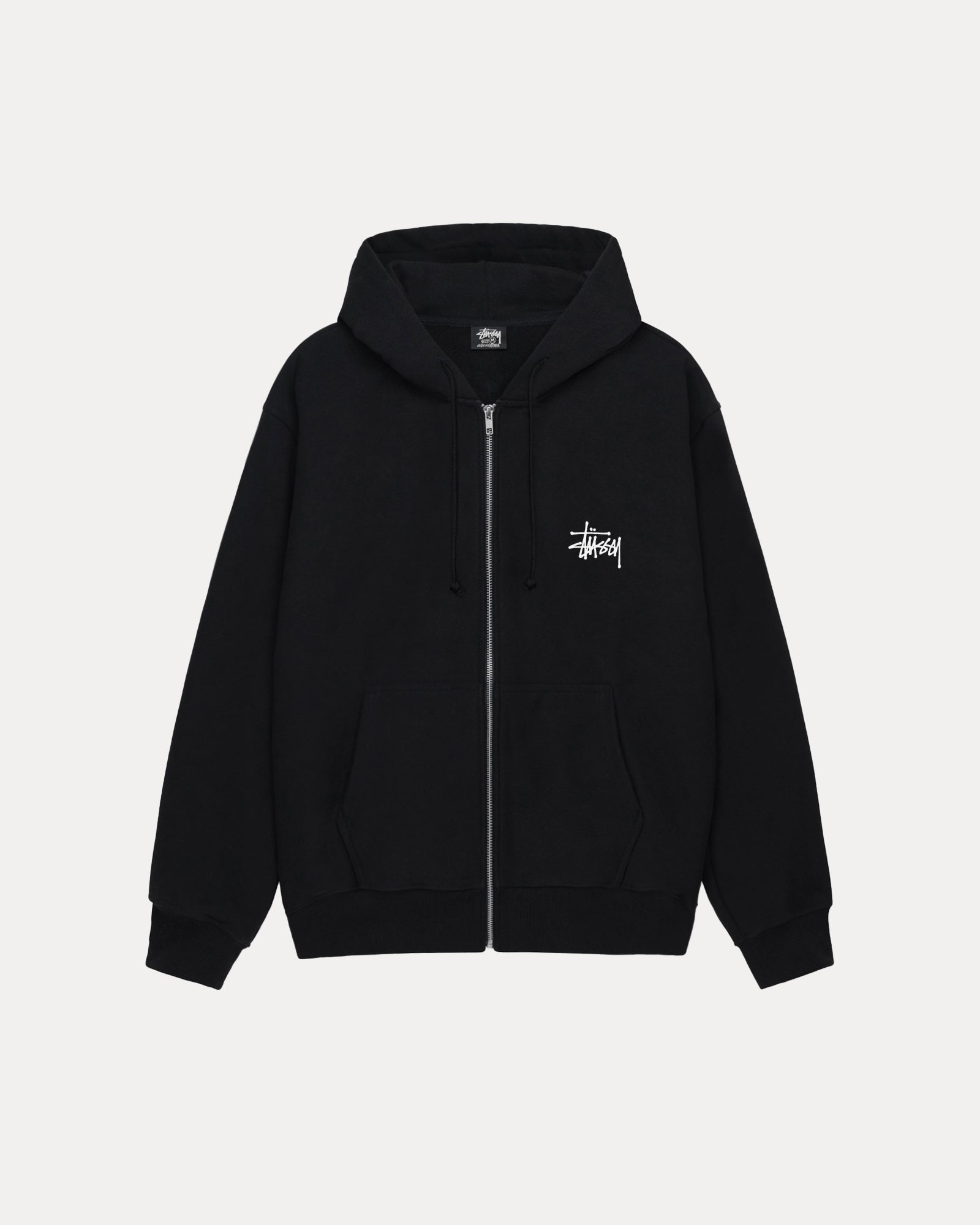 Basic Stussy Zip Hood Mens Long Sleeve In Black | hero:main:collection:new-arrivals,shirts,tops-shirts,all,tees,outerwear,denim,knits,accessories,sunglasses,hoodies,sweats,mens-hoodies-sweatshirts,shorts,pants,bottoms